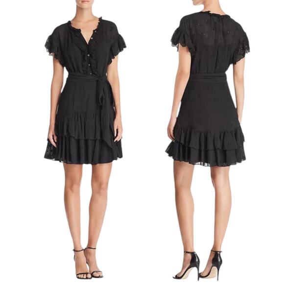 Rebecca Taylor Black Dree Silk Blend Eyelet Ruffle Mini Dress Size 12 - Picture 2 of 12